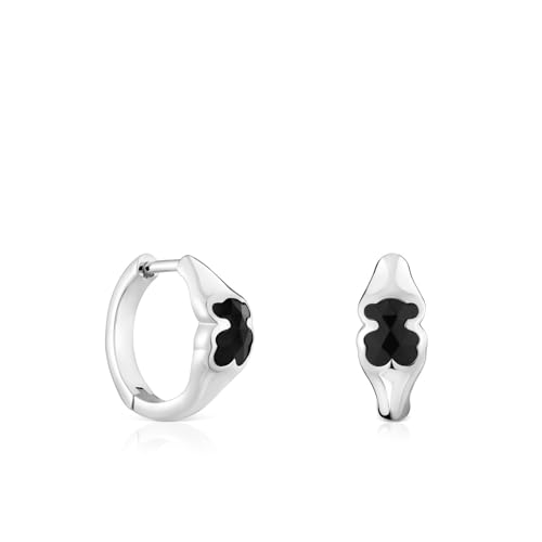 TOUS Pendientes de Aro de Plata de Primera Ley para Mujer con Motivo Oso en Ónix de 10mm, Colección Icon Color