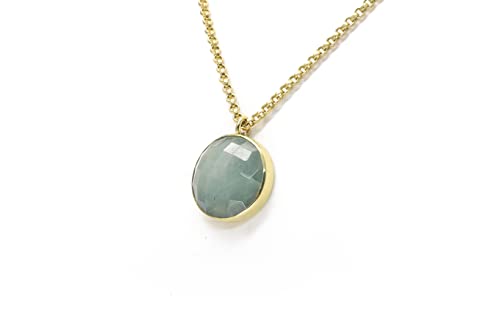 Collier d'aigue-marine en or jaune serti clos avec pendentif rond