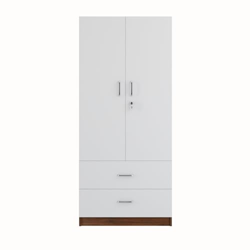 Image of VIKI Wardrobe | Tulum Wardrobe | Wooden Almirah for 2 Door Wardrobe with 2 Drawer & Hanging Space (Brussel Walnut | Frosty White - 40D x 80W x 180.8H) | 1 Year Warranty | Free Assembly