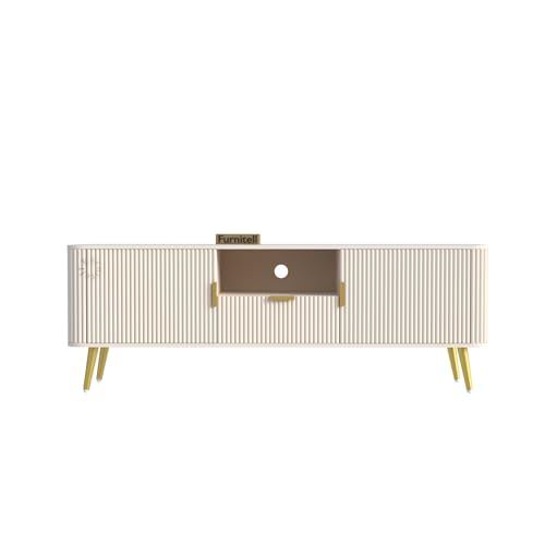Image of Luxury 60 Inch TV Unit for Living Room, Modern White HDMR Wood TV Cabinet for 55-75 Inch TV, Entertainment Console Table with 1 Drawer, 2 Doors & Open Shelf Storage (Iron Legs)