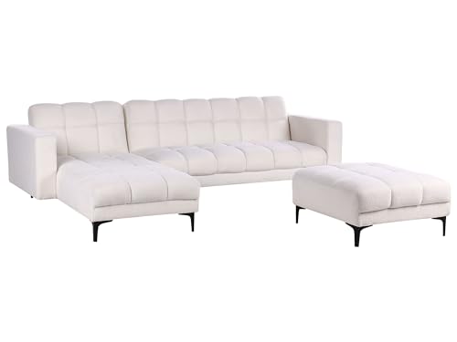 Sofá de bouclé acolchado con capitoné esquinero derecho con otomana respaldo recinable con 3 posiciones clic-clac blanco Alnes