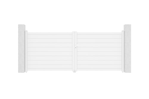 Portail battant aluminium plein 350 x 145 cm blanc mat - EIGER 3,5m design lames horizontales intimité renforcée ouverture large accès confortable...