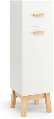 COSTWAY Bathroom Storage Cabinet, Floor Standing Wooden Cupboard with Drawer, Adjustable Shelves and Single Door, Slim Tall Side Cabinet Organiser Unit for Living Room Bedroom Hallway (White)