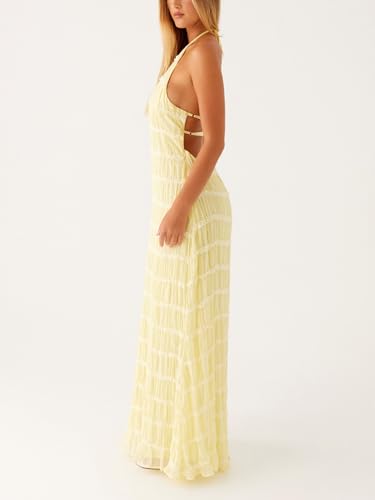 Image of Women Summer Halter Neck Maxi Dress Flowy Ruffle Tiered Sleeveless Sundress Boho Backless Spaghetti Strap Long Dress