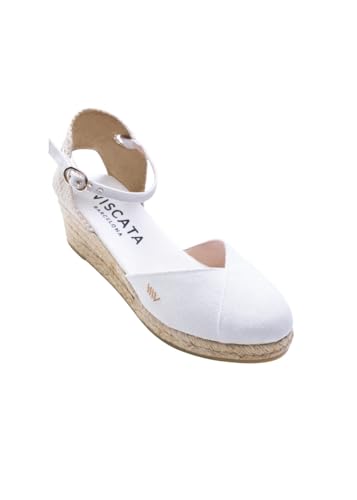 Image of Viscata Pubol Espadrille Canvas Low Wedges with Ankle Strap Spain Handmade 2 inch Heel Women's Sandals with Breathable Organic Cotton Canvas and 100% Natural Jute for all Occasions: Casual, Work, Party