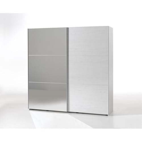 Meublorama Armario de 200 cm para Dormitorio con 2 Puertas correderas, una con Espejo, colección OLVENA, Efecto Madera Blanca