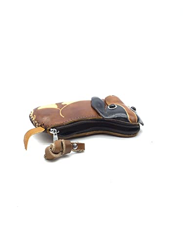 Handmade Vintage Genuine Leather 3D Dog Animal Dachshund Coin Purse With Removable Wrist Strap (Dark Brown)3