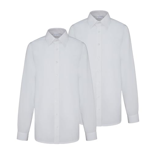 Trutex Basics - Paquete de 2 camisas escolares blancas de manga larga para niños (3-16 años) camisas blancas de ajuste delgado para niños, camisas blancas fáciles de planchar, camisa blanca con