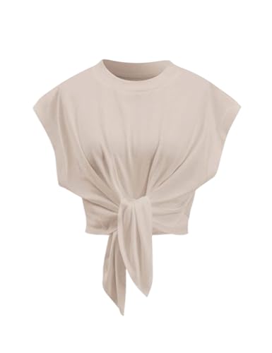 BQDCQB Crop Tops for Women Cap Sleeve Tie Front Solid Ruched T-Shirt Tops 2026 Summer Crew Neck Tee Shirts Blouse (Khaki-L)