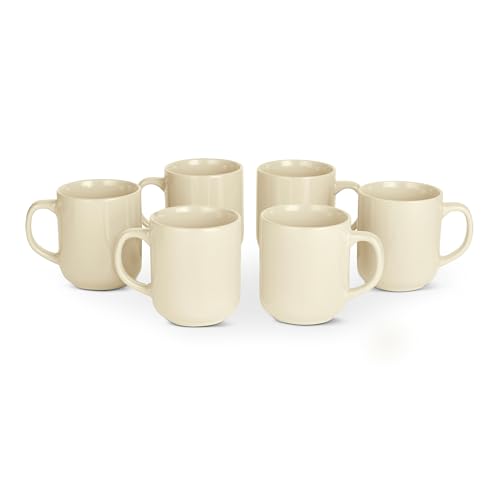 Amazon Basics Mugs en Grès Émaillé, Lot de 6 Pièces, 47,3cl, Compatible Micro-Ondes et Lave-Vaisselle, Couleur Ivoire