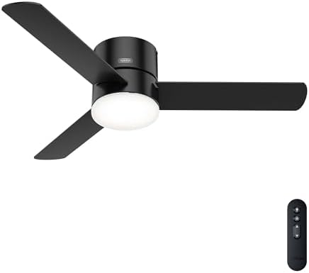 Hunter 52 inch Indoor Ceiling Fan with Light and Remote Control - For Bedroom or Living Room, Low Profile Mount, Black Modern Ceiling Fan with LED Light, Quiet, 3 Blades - Minimus 51432, Matte Black