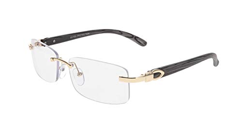 Elite Slim Rimless Rectangular Metal & Wood Art Aviator Sunglasses (Gold Black Arm)