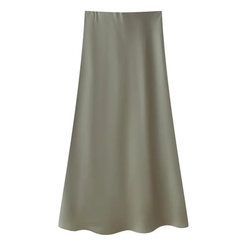 Woman Satin High Waist Midi Skirts Solid Slim Fit Elastic Waistband Simple A-Line Long Skirt3