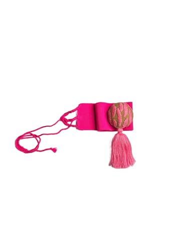 Decorative Mexican Waist Belt with Tassel, Hot Pink Fabric with Embroidered Ball, Traditional Style3