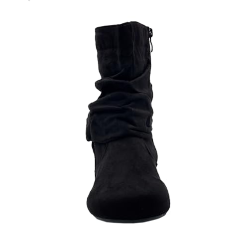 ABSOLEX Women Suede Fashion Slouch Mid Calf Low Heel Casual Slip On Ankle Bootie2