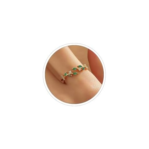 ONBRIG 18K Gold Rings for Women | Open Adjustable Ring | Green Cubic Zirconia Leaf Ring for Women | Dainty Stackable Rings for Women (Green) Cover