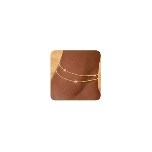 Image of FUNEIA Gold Silver Ankle Bracelets for Women Waterproof 14K Gold Plated Anklets for Women Non Tarnish Dainty Layered Beaded Heart Anklet Set Summer Beach Foot Chain Jewelry Gifts Trendy Stuff