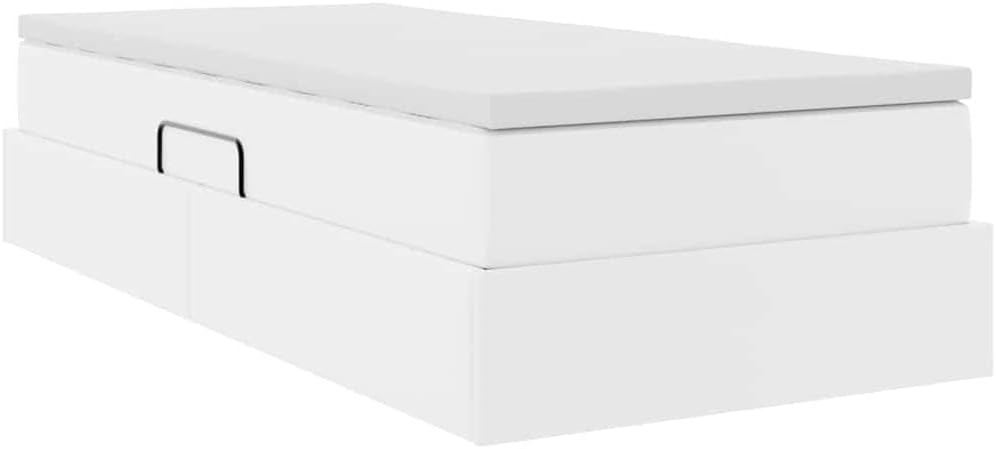 Storage Bed with Mattress White Faux Leather Metal Frame 39.37 x 79.92 in Platform Foundation with Slatted Frame Sturdy Heavy-Duty Storage for Modern Bedroom