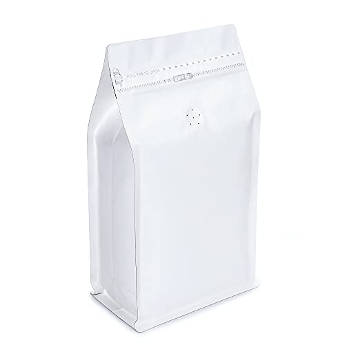 White Kraft Paper Stand Up Coffee Bag Flat Bottom Coffee Pouch with One Way Degassing Valve and Reusable Side Zipper(Pull Tab to Open) (16oz, 1lb, 50 Pieces)