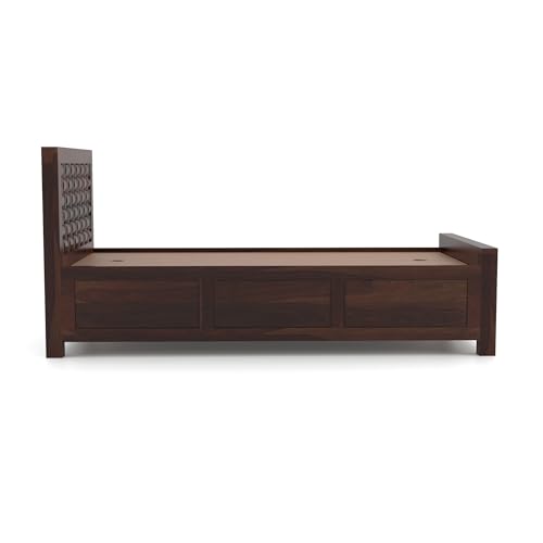Image of Sheesham Wood Single Size Bed with Storage Box | Wooden Cot for Bedroom | Premium Niwar Design Headboard Bed for Living Room | Walnut Finish