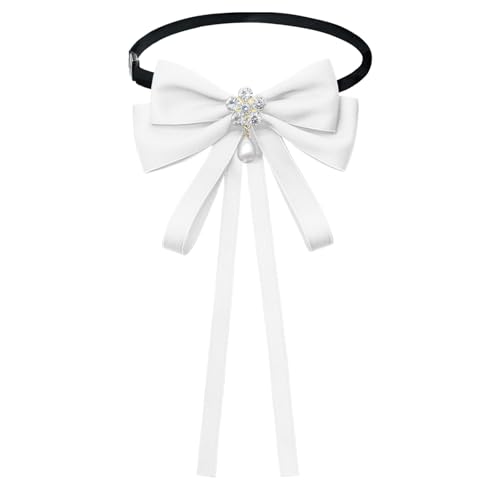 LJBFNN Womens Bow Tie, Clip on Bow Ties for Women Girls Pre Tied Bowtie Ribbon Rhinestone Neck Ties for Shirt Uniform Wedding (White)
