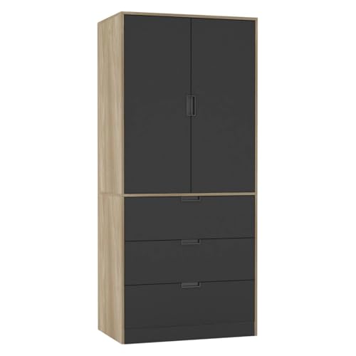 URBNLIVING 2 Door 3 Drawer Black White Oak Grey Modern Wardrobe Furniture with Clothes Hanging Rail Storage Shelf for Home Bedroom Organiser Unit H180cm x W80cm x D50cm