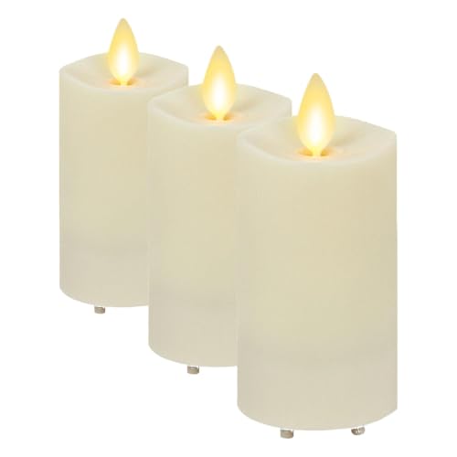 Image of Luminara Outdoor Slim Pillar Flameless LED Candle, Ivory 2 inch x 4.5 inch, Moving Flame Weather Resistant Timer Ready Battery Operated Safe Melted Edge (Pack of 3)