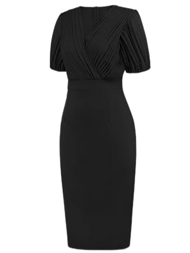 AYAZER Wunderschönes Arbeits-Bleistiftkleid für Damen, Vintage-Kurzarm, figurbetontes Kleid, schmale Passform, Wiggle-Party-Cocktailkleider-4-S