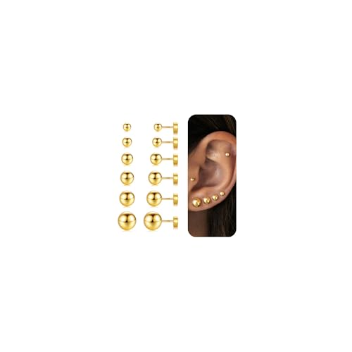 Yoosteel 6 Pairs 14K-Gold-Plated Ball Flat Back Stud Earrings for Women Dainty Tiny Studs Ball Earrings Set for Cartilage Multiple Piercings(2/3/4/5/6/8MM)