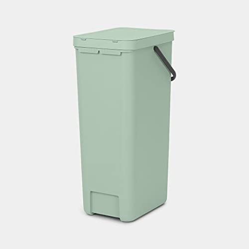 Brabantia Sort & Go Recycle Trash Can 10.6 Gallons (Jade Green) Space-Efficient Plastic Recycle Can with Handle, Removable and Stay-Open Lid, Easy to Clean Kitchen Garbage Can Without Nooks and Rims