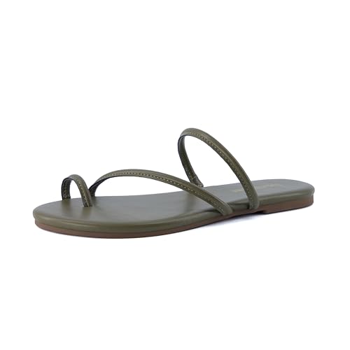 CUSHIONAIRE Resort Strappy Sandals for Women, Vegan Leather Memory Foam Flat Women's Sandals with Toe Ring, OLIVE 8.5