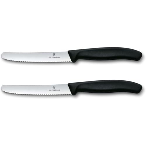 Victorinox Swiss Classic, Frühstücksmesser, Brötchenmesser Set 2teilig, Scharfe Klinge, Wellenschliff, 11 cm, Rostfreier Stahl, Schwarz