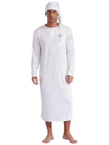 Men's Pajamas Set Long Sleeve Sleep Robe Nightshirt with Pom-pom Sleeping Cap Sleepwear
