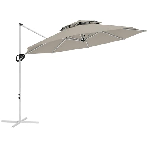 Outsunny Parasol déporté rond 3 x 2,5 m, parasol de jardin extérieur avec manivelle, base croisée, inclinable et rotatif à 360°, double toit, protection UV UPF0+, gris
