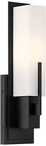 Image of Possini Euro Design Midtown Modern Wall Light Sconce Black Hardwired 4 1 /2 inch Fixture Opal White Glass Rectangular Shade for Bedroom Bedside Bathroom Vanity Living Room Hallway Dining House Kitchen