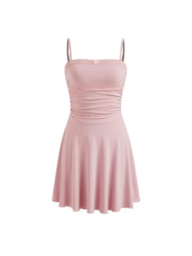 CIDER Womens Mini Dress Cute Spaghetti Strap Lace Trim Ruched A Line Flowy Mini Dresses Pink