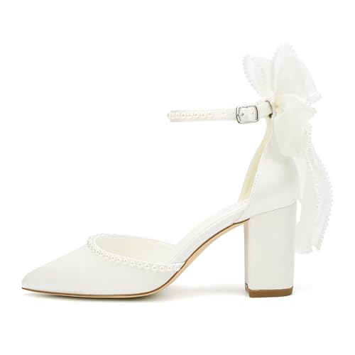 Block Heel Wedding Shoes for Bride Bow Heels Pointed Toe Pearl Bridal Shoes Wedding Heels3