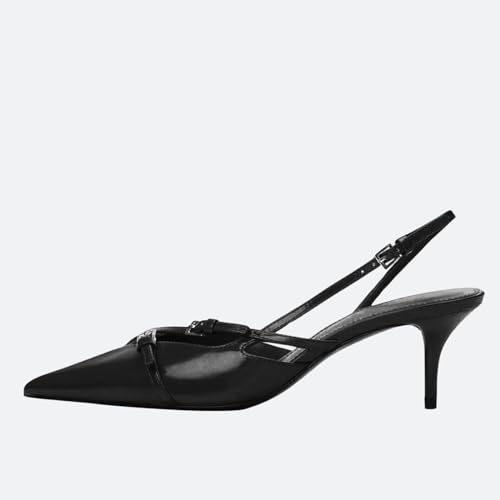 Yishaweiqi Slingback Kitten Heels for Women Buckle Strap Pointed Toe Dress Pumps Shoes Slip On Heeled Sandals3