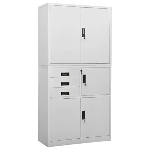 Image of YunCangg Office Cabinet Light Grey 90 x 40 x 180 cm Steel with Locker, 3 Adjustable Shelves, 3 Drawers, Ball Bearing Guide, Storage Space for Office, Hallway, Basement, Order and Storage