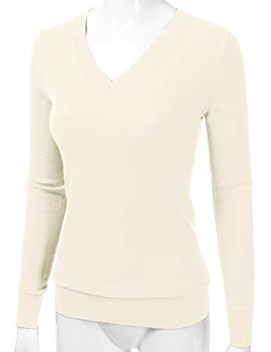 Image of EIMIN Women's Long Sleeve V-Neck Slim Fit Pullover Soft Knit Top Sweater Ivory M