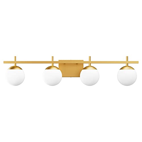 Image of Ralbay Mid Century Gold Bathroom Vanity Lights 4-Light Gold Milky Glass Modern Bathroom Lighting Fixtures Over Mirror, Gold 4-Light (Exclude Bulb)