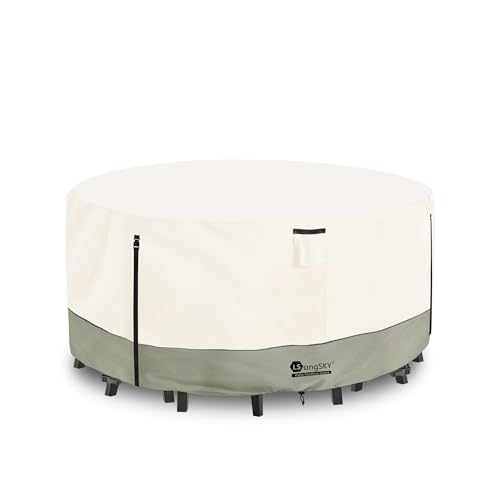 LSongSKY Round Patio Furniture Covers,600D Heavy Duty Waterproof Outdoor Furniture Cover for Round Dining Table with Rocking Swivel Chairs Set,84"DIA x 28"H Beige