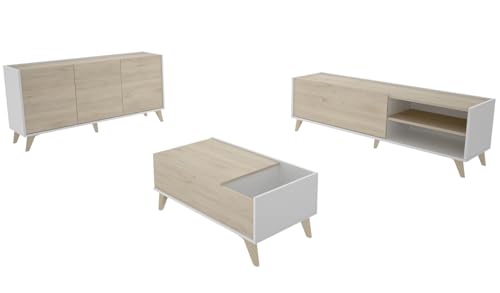 PEGANE Ensemble de Salon en Bois mélaminé avec Meuble Bas TV + Buffet + Table Basse relevable Coloris chêne Naturel, Blanc