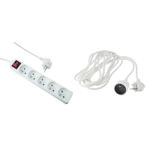 EXPERT LINE - Multiprise électrique 5 Prises Multiple - Bloc multiprise 5 Prises + Interrupteur & PremiumCord Câble d'extension et d'alimentation 230 V 5 m avec Protection pour Enfants, pour Schuko