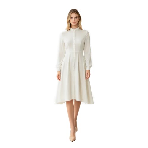 Image of FAD-4U Church Clergy Dress for Women Long Sleeve Rows Buttons A Line Dress with Tab Collar