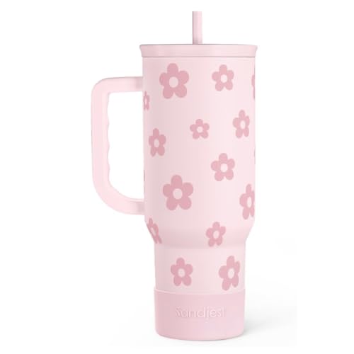 Image of Floral Tumbler with Handle and Straw 40oz Stainless Sleel Slider Tumbler Travel Coffee Mug for Women - Gift Idea for Birthday Christmas