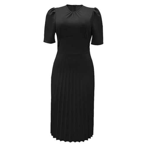 Women's Summer Casual Dress High Neck Short Sleeve Pleated Flowy A-Line Vacation Pure Color Elegant (Black, L)
