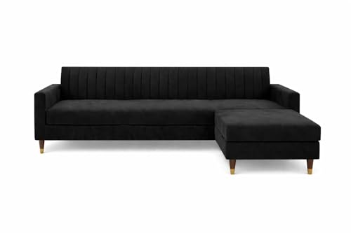 Image of Wooden L Shape Sofa 4 Seater with Ottoman | Velvet Fabric Upholstery | Modern Sectional Wooden Frame Couch for Living Room, Home & Office (Black)