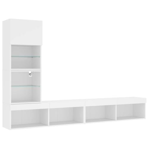 vidaXL Wohnwand 4-TLG., Schrankwand mit viel Stauraum, Anbauwand mit LED-Beleuchtung, Wandmontage Fernsehschrank Wohnzimmer Set Schrank, Weiß Holzwerkstoff