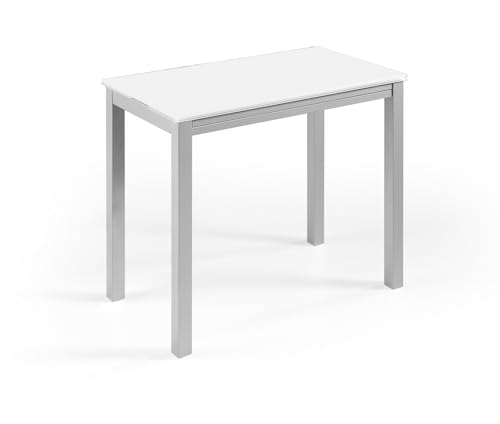 MOMMA HOME Mesa de Comedor y Cocina, Extensible y Plegable, Mesa Moderna, Color Blanco/Plata. Londres, Cristal Templado/Metal, Medidas 95x55/95x76 cm